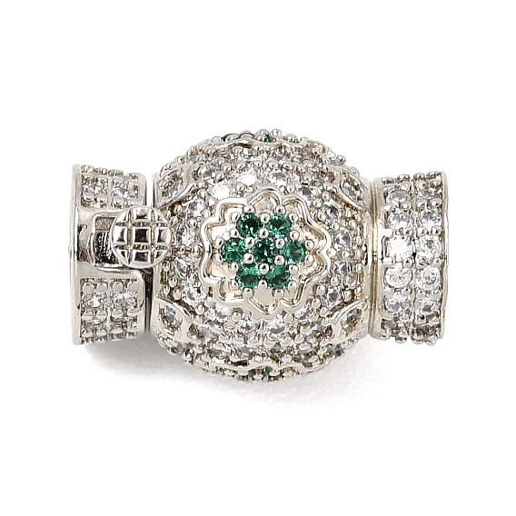 Brass Micro Pave Cubic Zirconia Box Clasps, Round with Flower