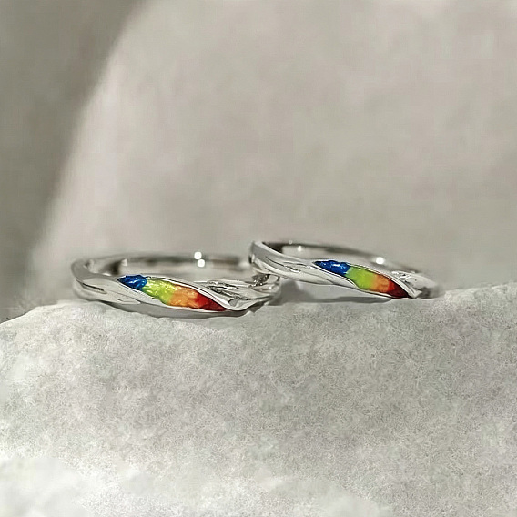 Bagues ouvertes en alliage émaillé à rayures pour couple, colorées