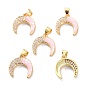 Real 18K Gold Plated Brass Micro Pave Clear Cubic Zirconia Pendants, with Shell Filled in Enamel, Long-Lasting Plated, Double Horn/Crescent Moon