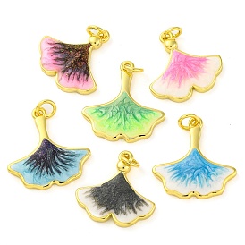 Brass Enamel Pendants, with Glitter and Jump Ring, Long-Lasting Plated, Real 18K Gold Plated, Ginkgo Leaf Charm