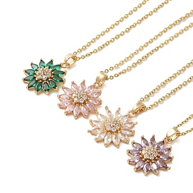 Brass Micro Pave Cubic Zirconia Pendant Necklaces for Women, 201 Stainless Steel Cable Chain Necklaces, Flower