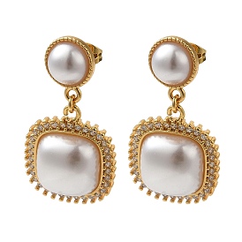 Square ABS Plastic Imitation Pearl, with Rack Plating Brass Micro Pave Cubic Zirconia Dangle Earrings, Lead Free & Cadmium Free, Long-Lasting Plated