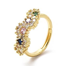 Colorful Cubic Zirconia Flower Adjustable Ring, Brass Jewelry for Women