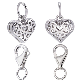 2шт. полые, покрытые родием 925 подвески в форме сердца из стерлингового серебра, с соединительными кольцами и 2шт. карабинами, анти-тускнение