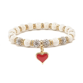 Stretch-Armband aus natürlichem Lavagestein mit Strassperlen, Edelsteinarmband mit ätherischen Ölen und Herzanhänger für Frauen