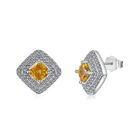 Rhombus 925 Sterling Silver Micro Pave Cubic Zirconia Stud Earrings for Woman