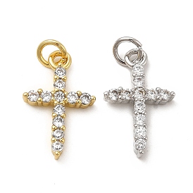 Brass Micro Pave Cubic Zirconia Pendants, with Jump Ring, Religion Cross Charm