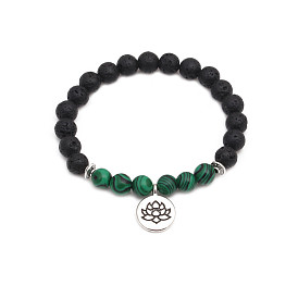 Peacock Turquoise & Lava Stone Lotus Bracelet - 8mm Beads for Spiritual Life
