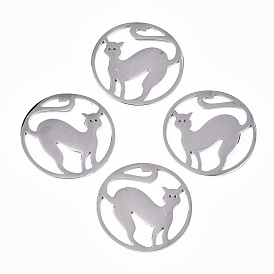 304 Stainless Steel Pendants, Laser Cut, Ring with Cat