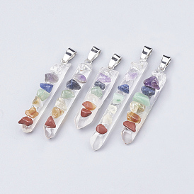 Chakra Natural Quartz Crystal Pointed Pendants, with Mixed Stone & Iron Findings, Nuggets, Platinum