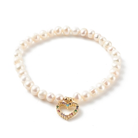 Brass Micro Pave Cubic Zirconia Stretch Charm Bracelets, with Round Natural Pearl Beads, Heart, White