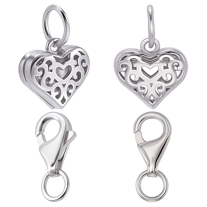 2шт. полые, покрытые родием 925 подвески в форме сердца из стерлингового серебра, с соединительными кольцами и 2шт. карабинами, анти-тускнение