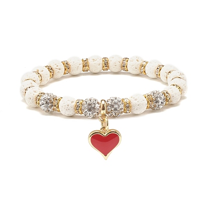 Stretch-Armband aus natürlichem Lavagestein mit Strassperlen, Edelsteinarmband mit ätherischen Ölen und Herzanhänger für Frauen