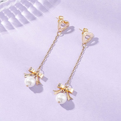 Серьги-гвоздики с подвесками в виде банта и сердца из нержавеющей стали с ракушечным жемчугом