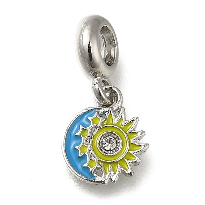 Rack Plating Alloy Enamel European Dangle Charms, Sun & Moon Large Hole Pendants with Crystal Rhinestone, Platinum