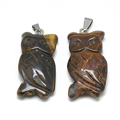 Gemstone Pendants, with Stainless Steel Snap On Bails, Owl