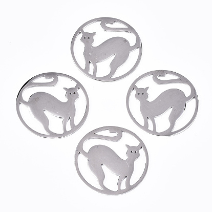 304 Stainless Steel Pendants, Laser Cut, Ring with Cat