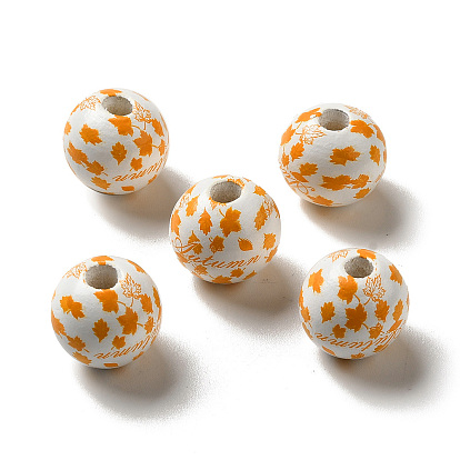 Thanksgiving Day Printed Maple Leaf Wood European Beads, Large Hole Beads, Round