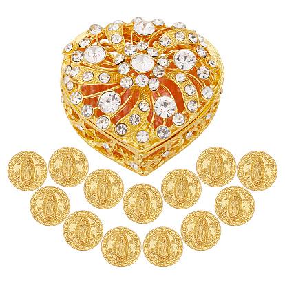 13шт. памятная монета с изображением Иисуса из цинкового сплава, с 1шт. декоративными шкатулками для ювелирных изделий в форме сердца из сплава с кристаллами и стразами, с магнитными застежками