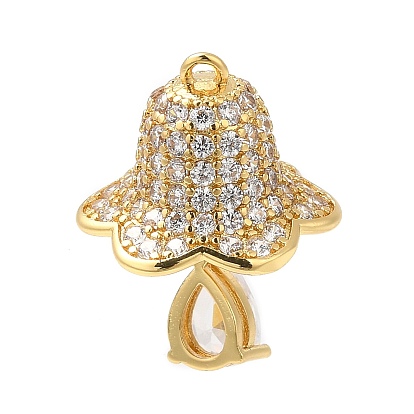 Rack Plating Brass Pave Cubic Zirconia Pendants, Long-Lasting Plated, Cadmium Free & Lead Free, Christmas Bell