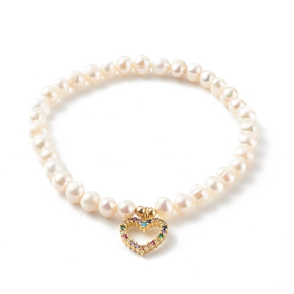 Brass Micro Pave Cubic Zirconia Stretch Charm Bracelets, with Round Natural Pearl Beads, Heart, White