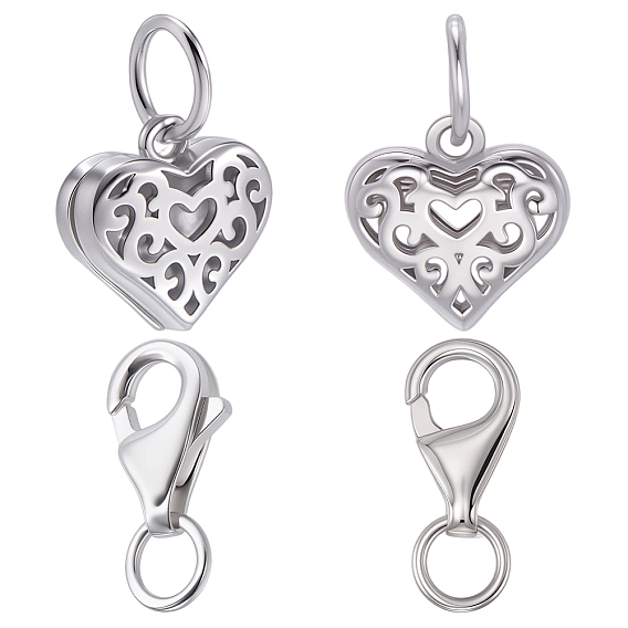 2шт. полые, покрытые родием 925 подвески в форме сердца из стерлингового серебра, с соединительными кольцами и 2шт. карабинами, анти-тускнение