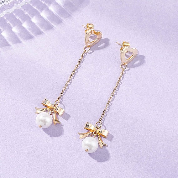 Серьги-гвоздики с подвесками в виде банта и сердца из нержавеющей стали с ракушечным жемчугом