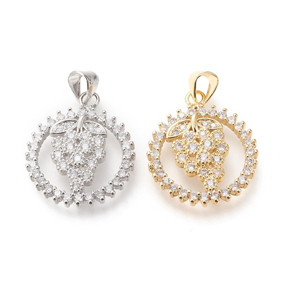 Brass Micro Pave Clear Cubic Zirconia Pendants, Long-Lasting Plated, Ring with Grape