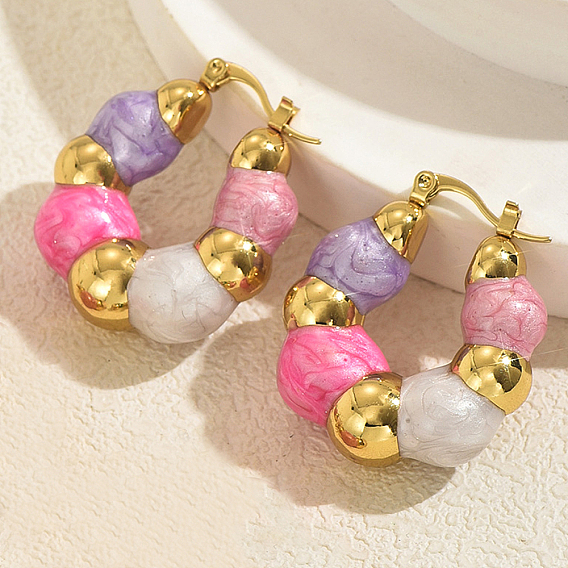 201 серьги-кольца из нержавеющей стали с бусинами., с эмалью, золотые