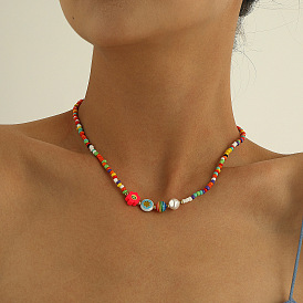 Colorful Clay Smiling Glass Pearl Necklace for Women - Minimalist Geometric Fashion Jewelry