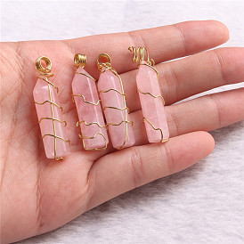 Wire Wrapped Natural Rose Quartz Pendants, with Golden Tone Brass Findings, Bullet Shape