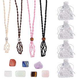 SUPERFINDINGS Macrame 7 Chakra Natural Stone Pendant Necklace DIY Making Kit, Including Cord Empty Stone Holder, Waxed Cord Macrame Pouch Necklace Making, Natural Mixed Gemstone Beads