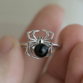 Fashion creative jewelry copper plated inlaid artificial pearl ring black spider insect ring
