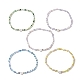 5Pcs 5 Styles Facete Rondelle Glass Beaded Stretch Bracelets, Heart Shell Stackable Bracelets for Women
