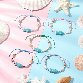 Браслеты из бисера и стеклянных бусин, регулируемые браслеты из ракушек и синтетических бирюзовых бусин для женщин, форма ракушки и рыбы