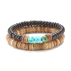 2Stück 2Stil natürliche Kokosnuss und imperialer Jaspis (gefärbt) Perlen-Stretch-Armbänder-Set, Edelstein-Yoga-Armbänder für Frauen