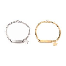 201 Stainless Steel Rectangle & Star Charm Bracelet with Curb Chain for Women