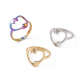 201 Stainless Steel Hand Hug Heart Adjustable Ring for Women