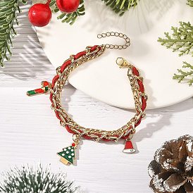 Alloy Enamel Christmas Tree Hat Candy Cane Charm Faux Suede Cord 304 Stainless Steel Woven Chain 2-Strand Bracelets, Golden