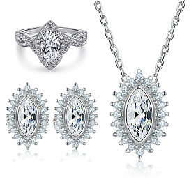 925 Silver Jewelry Set with Twisted Ring, Round Zircon Earrings, Necklace and Marquise Stone Pendant
