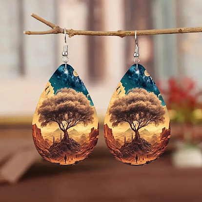 Iron & Imitation Leather Dangle Earrings, Teardrop
