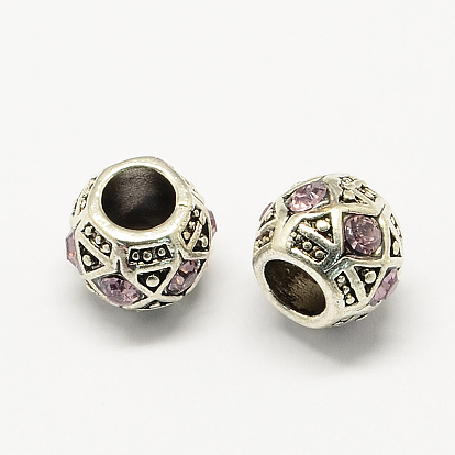 Alloy Rhinestone European Beads, Large Hole Beads, Rondelle, Antique Silver