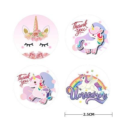 Paper Unicorn Cartoon Sticker Labels, Round Dot Self-adhesive Decals, for Kid's Art Craft, Gift Seal Stickers
