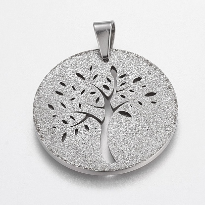 Trendy Flat Round with Tree Necklace Findings 304 Stainless Steel Textured Pendants, 35x36x2mm, Hole: 8x6mm