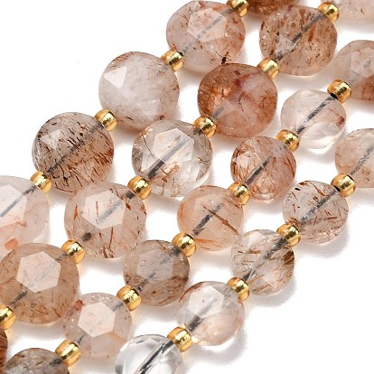 Нити бусин из рутилированного кварца из натурального черного золота, граненый шестиугольный разрез, плоско-круглые, с бисером