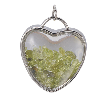 Natural Gemstone Chips Pendants, with Platinum Tone Brass Glass Findings, Heart