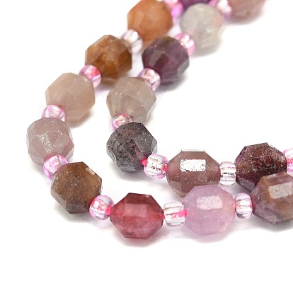 Natural Ruby Beads Strands, with Seed Beads, Faceted, Bicone, Double Terminated Point Prism Beads