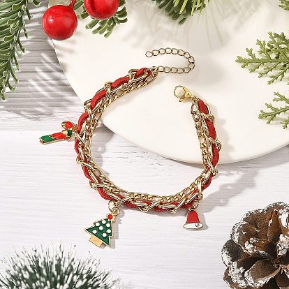 Alloy Enamel Christmas Tree Hat Candy Cane Charm Faux Suede Cord 304 Stainless Steel Woven Chain 2-Strand Bracelets, Golden