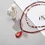 2Pcs 2 Style Natural Red Jasper Teardrop Pendant Necklaces Set, Synthetic Hematite & Brass Beaded Stackable Necklaces for Women