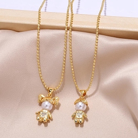 Cubic Zirconia Pendant Necckalces with Plastic Imitation Pearl, with Brass Ball Chains